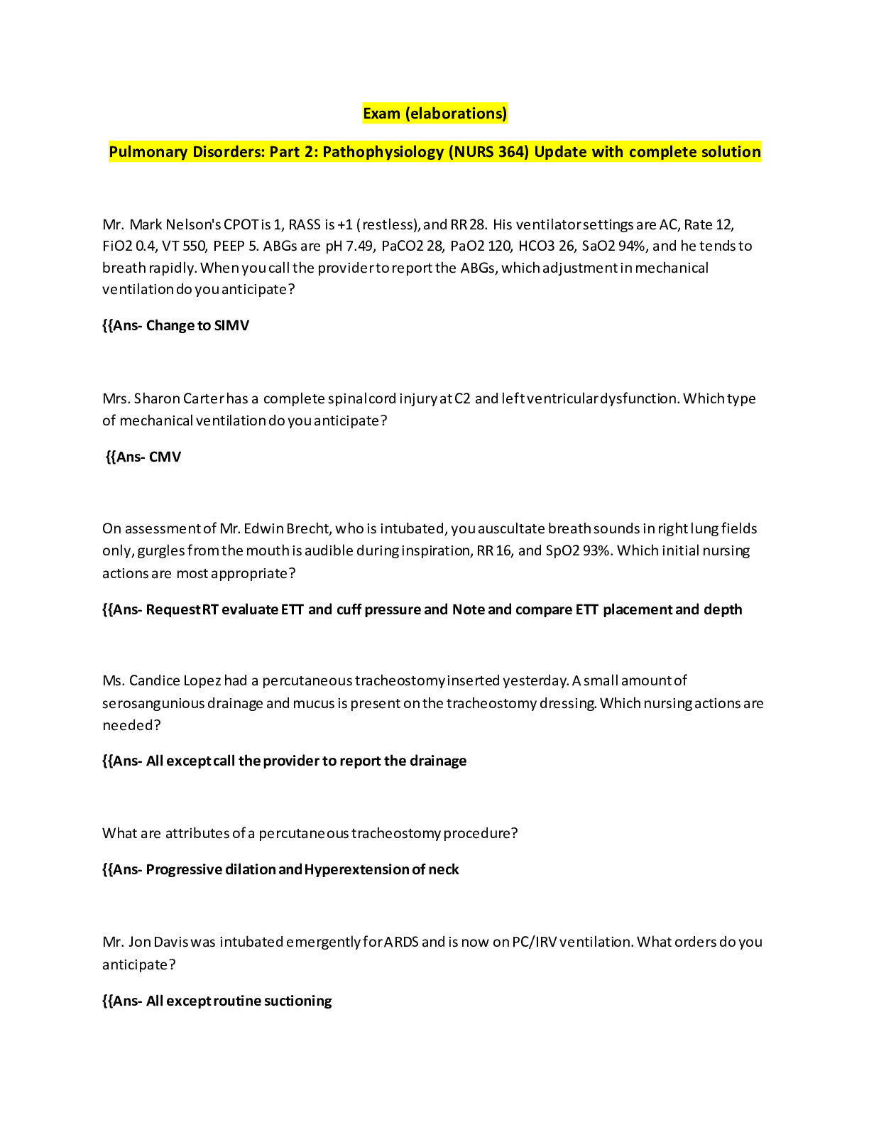 Preview image for Exam (elaborations) Pulmonary Disorders: Part 2: Pathophysiology (NURS 364) Update with complete solution
